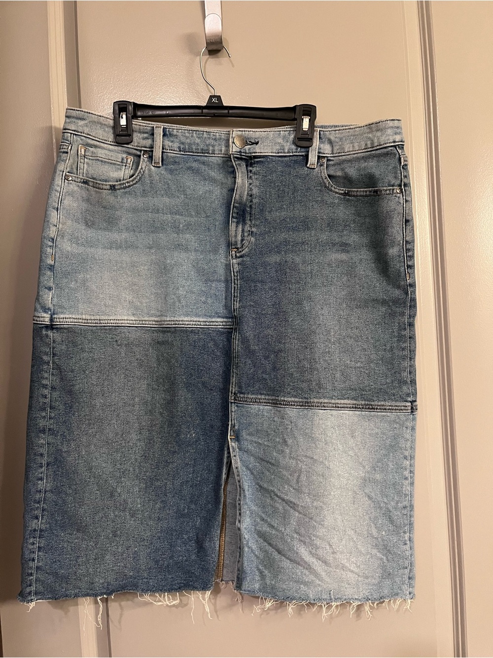 Lane Bryant Patchwork Denim Straight Skirt - Light and Medium Blue